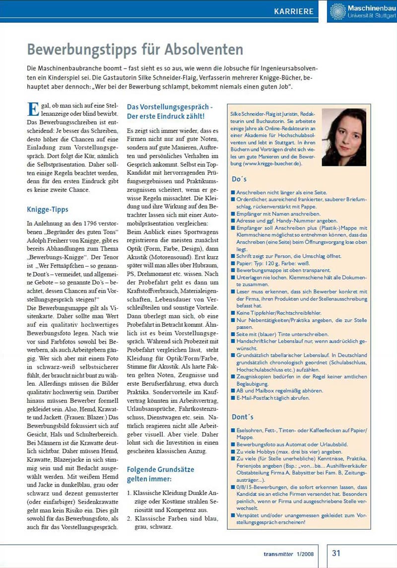 Bewerbungstipps aus der Fachzeitschrift Transmitter der Universität Stuttgart Bewerbungstipps aus der Fachzeitschrift Transmitter der Universität Stuttgart